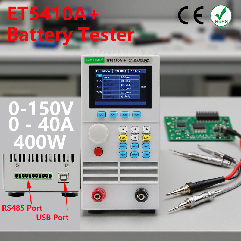 ET5410A Professional DC Electronic Load 0-150V 0-40A 400W 4 Modes (CC/CV/CP/CR) USB/RS485 Control CE/FCC Test Power Supplies, Batteries, High Precision Programmable Charger Battery Capacity Tester Lab Test Equipment Color Display Screen Power Aging Test