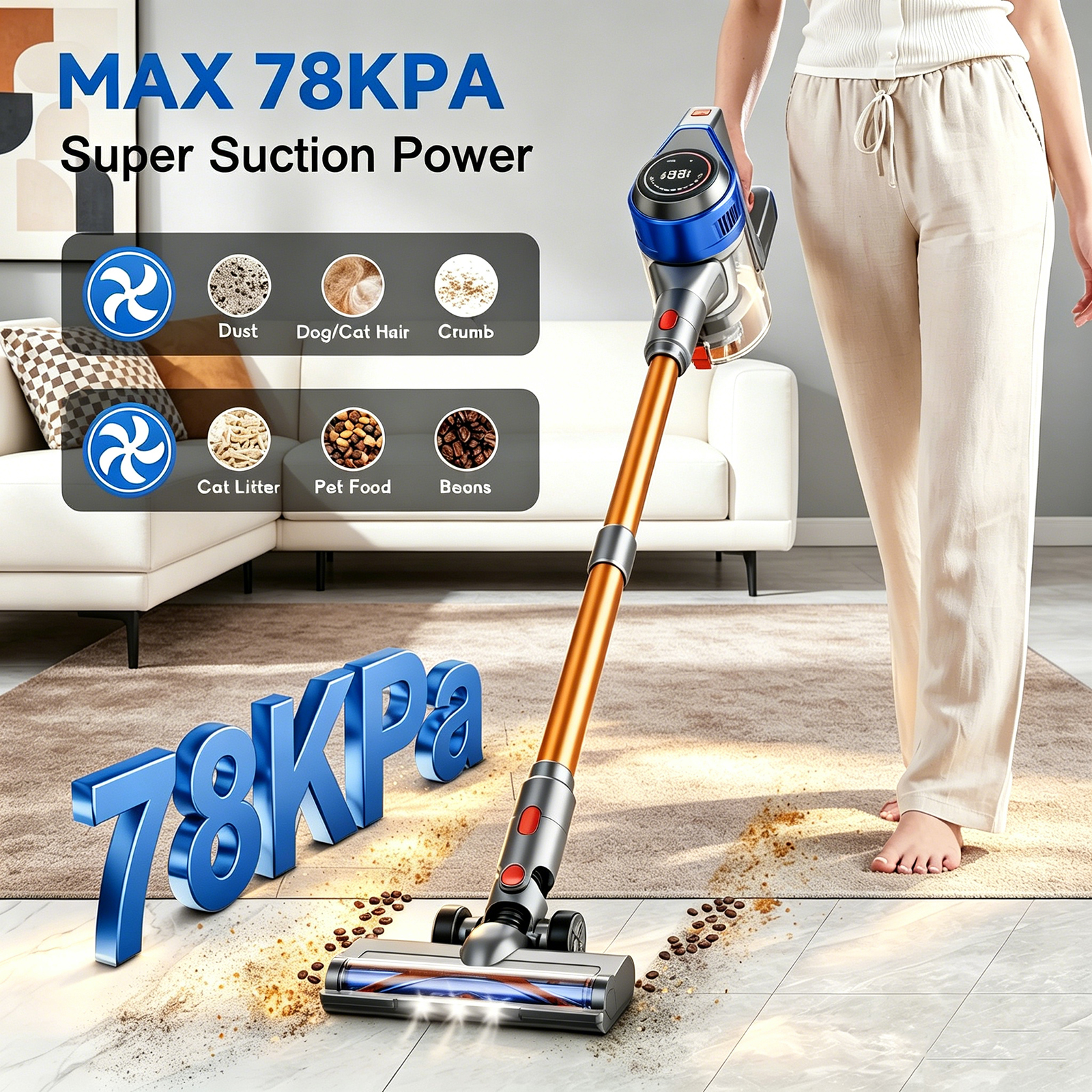 Honki 78KPA Cordless Vacuum Cleaner with LED High Power Strong Suction Wet and Dry Handheld Vacuum Cleaner for Pet Hair Carpet