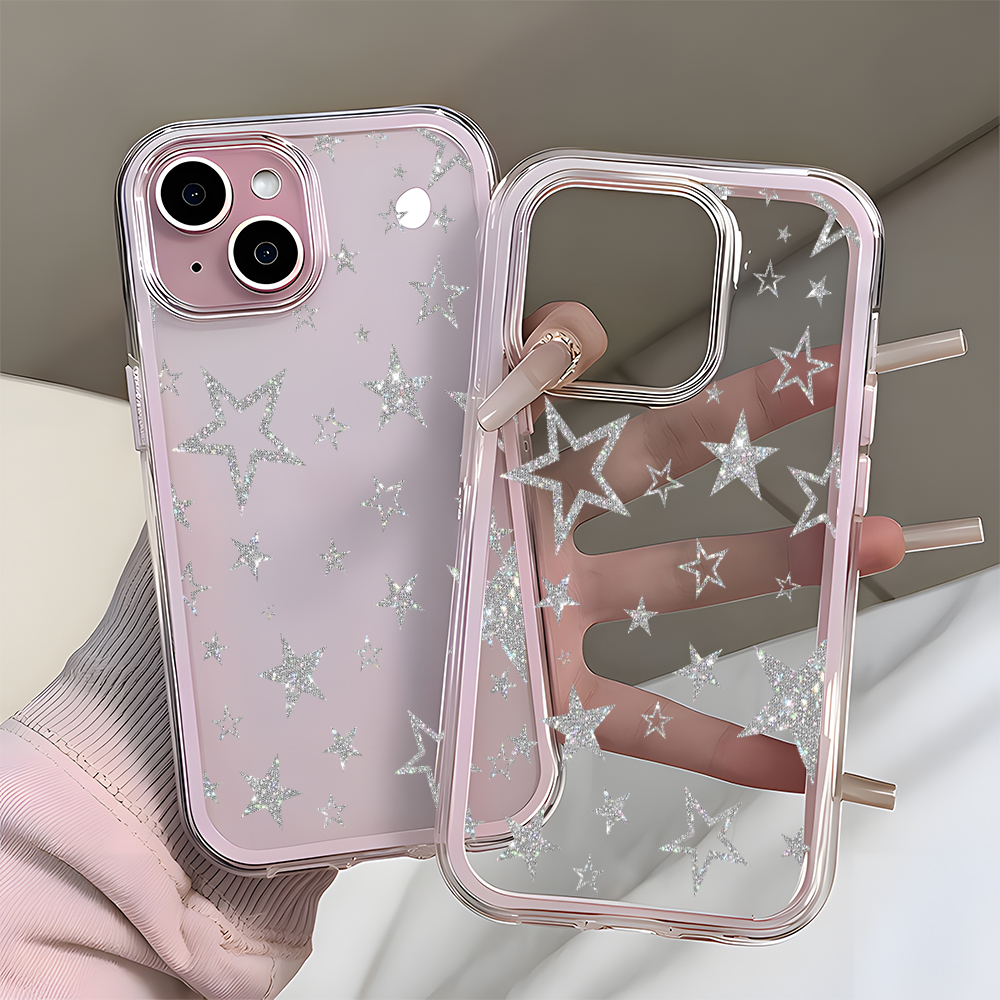 Glitter Silver Star Pattern Clear Phone Case For iPhone 17 16 15 14 13 12 11 Pro Max Air 14 Plus 2 in 1 Candy Color Soft Cover