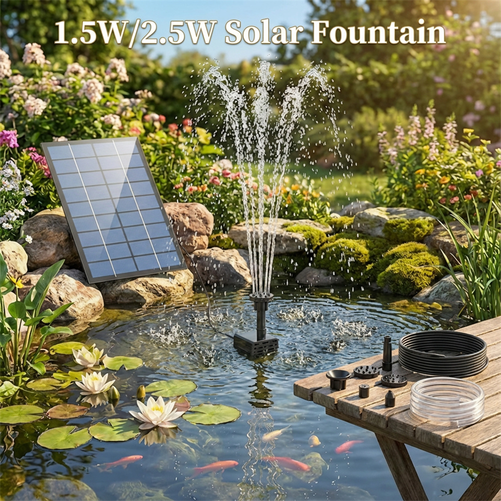 1.5W/2.5W Solar Fountain Split-type DIY Pump, Outdoor Solar Water Fountain with 6 Nozzles for Bird Bath, Ponds, Garden and Fish