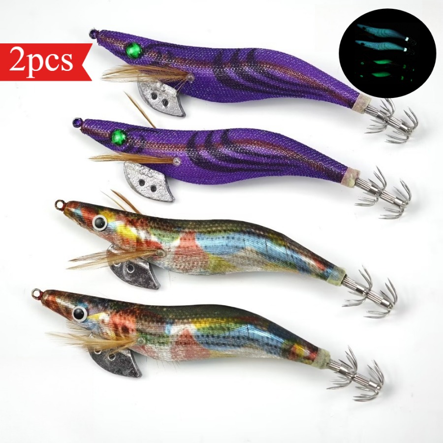2pcs/set Glow Squid Jigs Set 13cm Simulation Shrimp Fishing Lure 3.5# Wood Shrimp Jig Lure Saltwater Cuttlefish Octopus Tackle