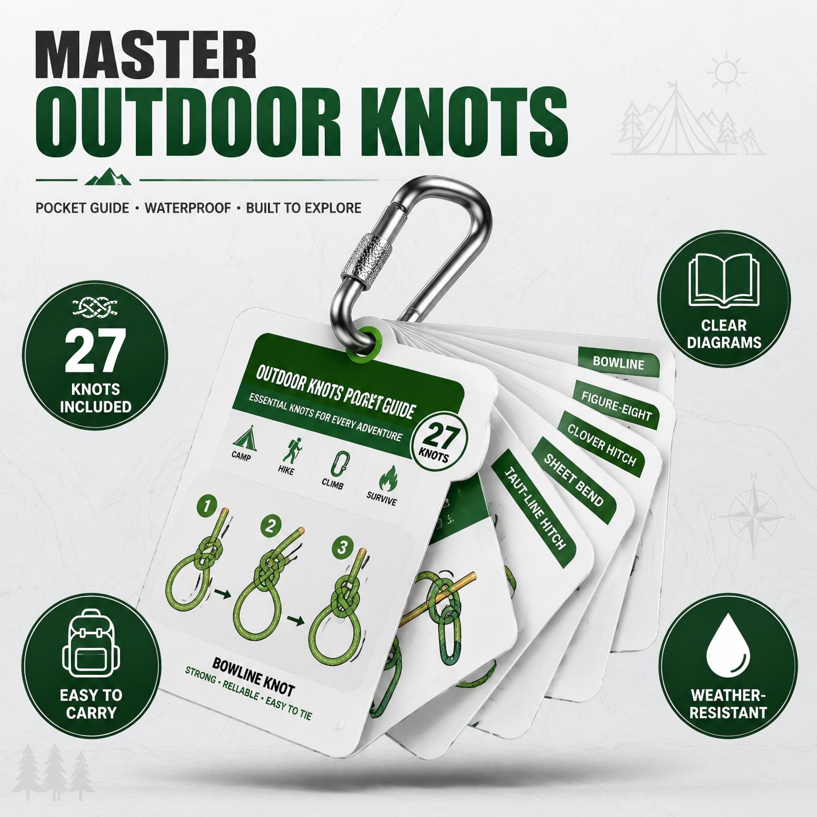 New Rock Climbing Knot Cards Includes 27 Rope Knots,with Carabiner to Clipping,Waterproof Knot Tying Cards Ultimate Knot Guides