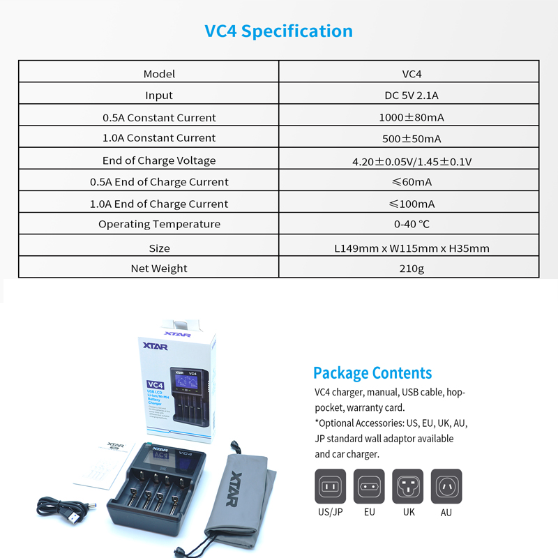 XTAR VC4 18650 Battery Charger 1.2V AAA AA Batteries LCD Display Charging 3.6V Rechargeable LiIon Batteries 10400-32650CHARGER