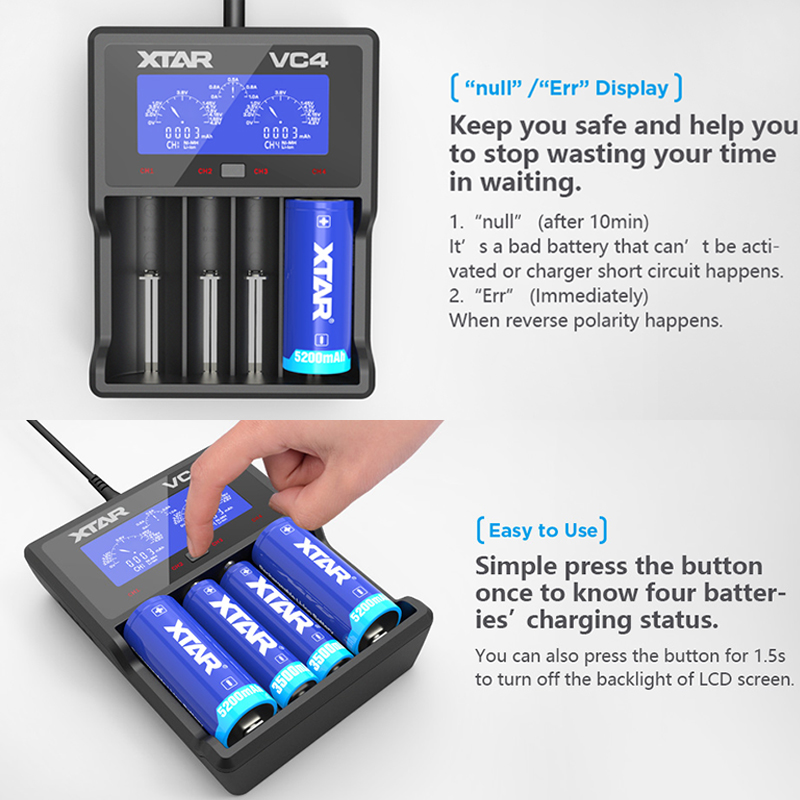 XTAR VC4 18650 Battery Charger 1.2V AAA AA Batteries LCD Display Charging 3.6V Rechargeable LiIon Batteries 10400-32650CHARGER