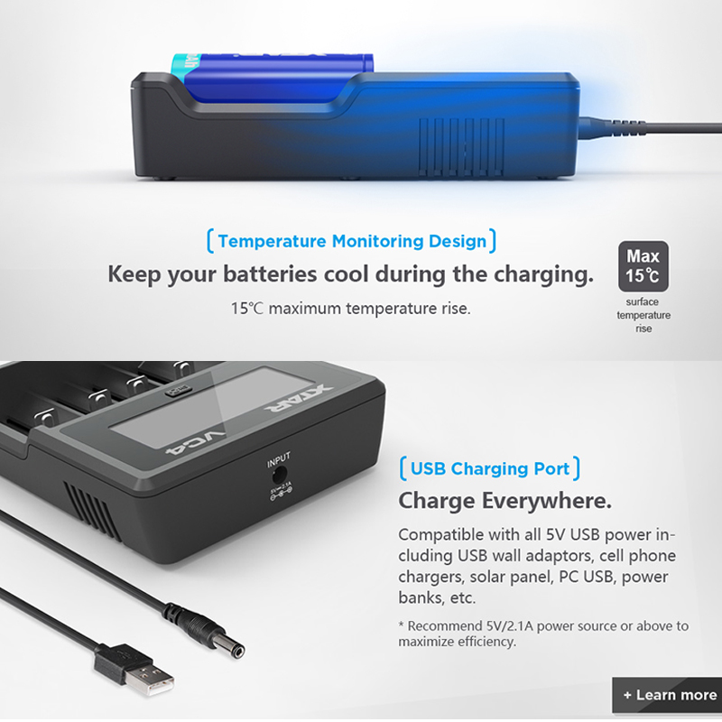 XTAR VC4 18650 Battery Charger 1.2V AAA AA Batteries LCD Display Charging 3.6V Rechargeable LiIon Batteries 10400-32650CHARGER