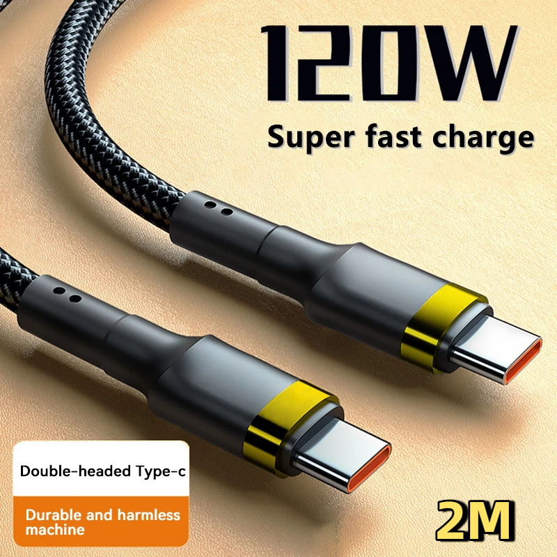 120W Fast Charger PD Quick Charging High Quality USB C TO USB Type C Cable For iPhone Xiaomi 15 Plus Pro Max Samsung S24 W gold 2m