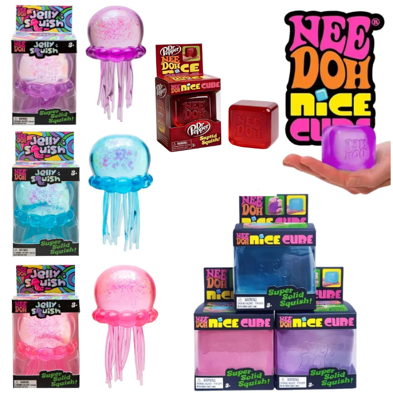 Schylling Nee Doh Jellyfish & Cube Squish Toy, Soft Jelly Squeeze Stress Relief Fidget Toy, Sensory NeeDoh for Kids & Adults