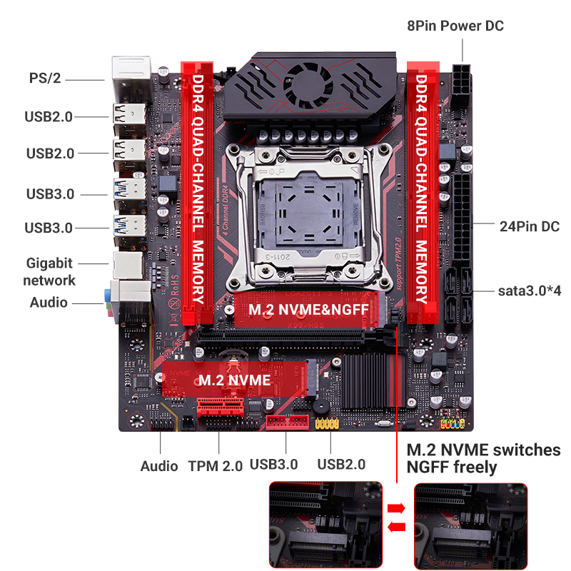 QIYIDA X99 H9S Motherboard Set Kit With LGA2011-3 Xeon E5 2630 V4 CPU DDR4 16GB memory NVME M.2 TPM 2.0 Interface SATA3