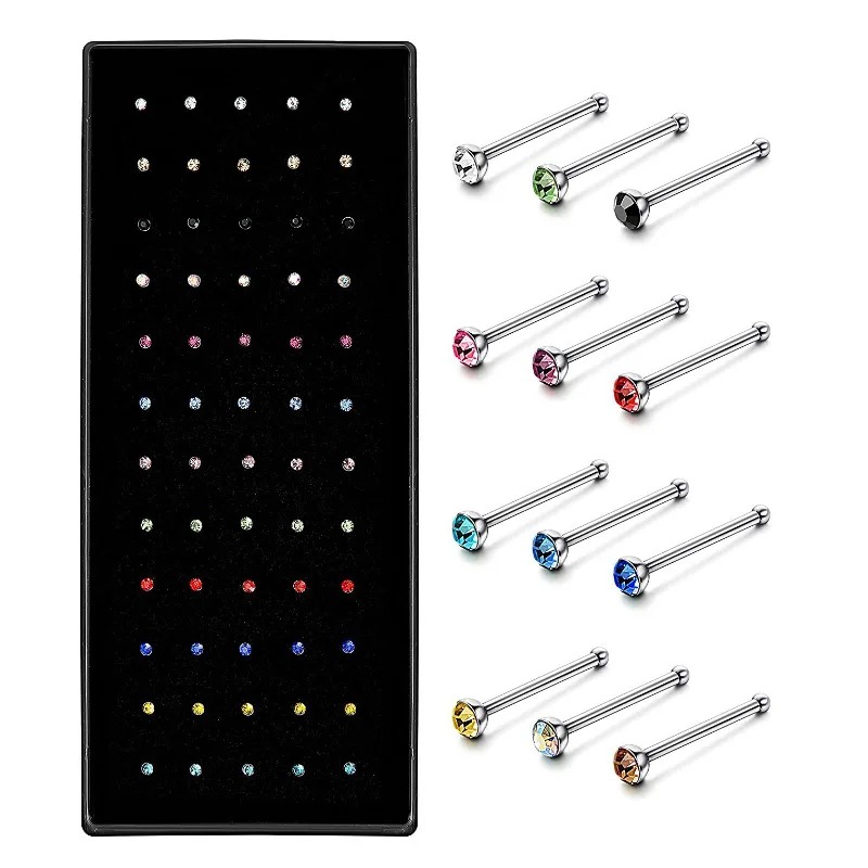 40/60PC Stainless Steel Straight L Nose Stud for Women Nose Ring Set 1.8MM Fashion Crystal Aro Nariz Nase Pircing Body Jewelry