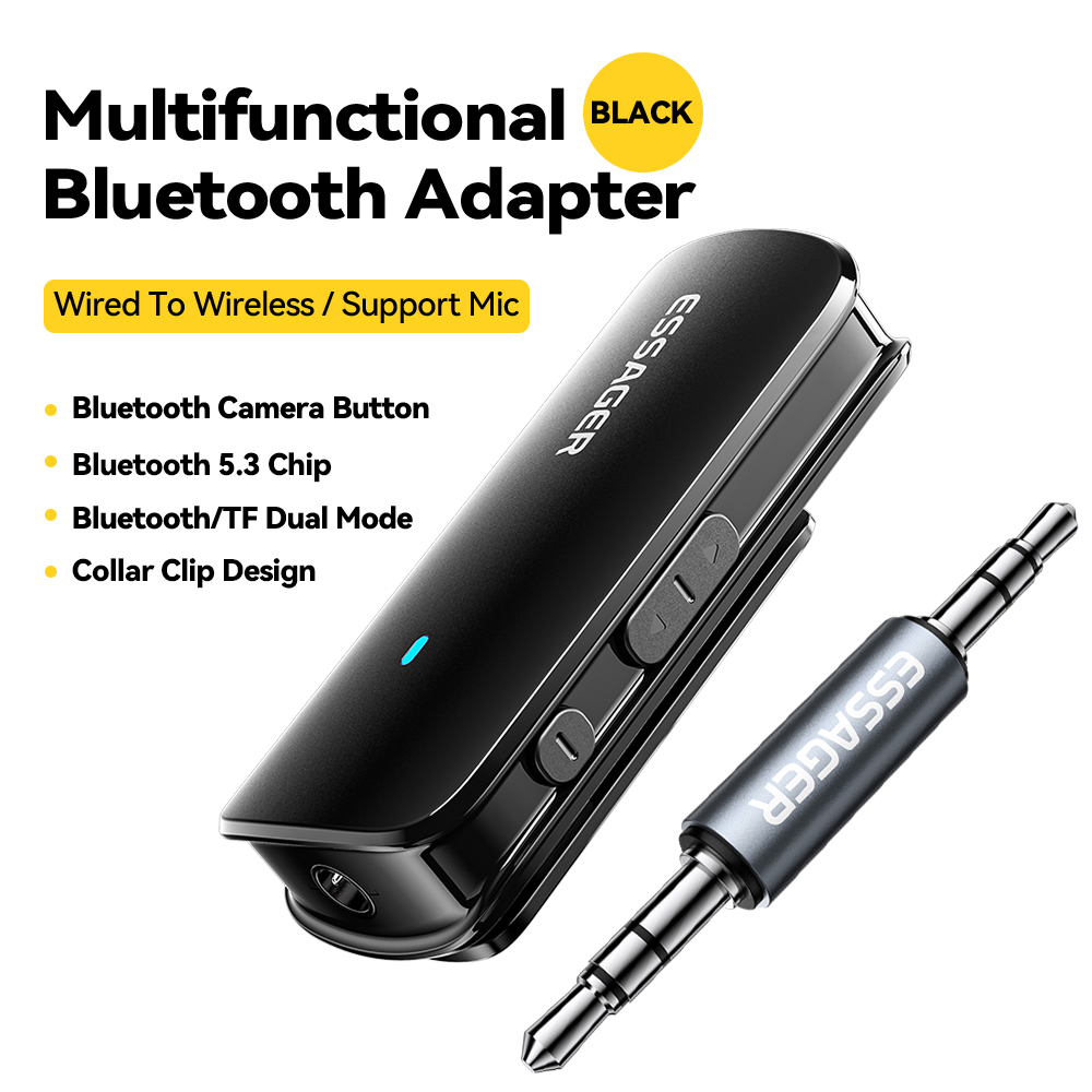 Essager Multifunctional Bluetooth 5.3 Adapter 3.5mm Jack Aux Wireless Adapter Stereo for Earphones Phones TV Car Audio Receiver Black / v5.3