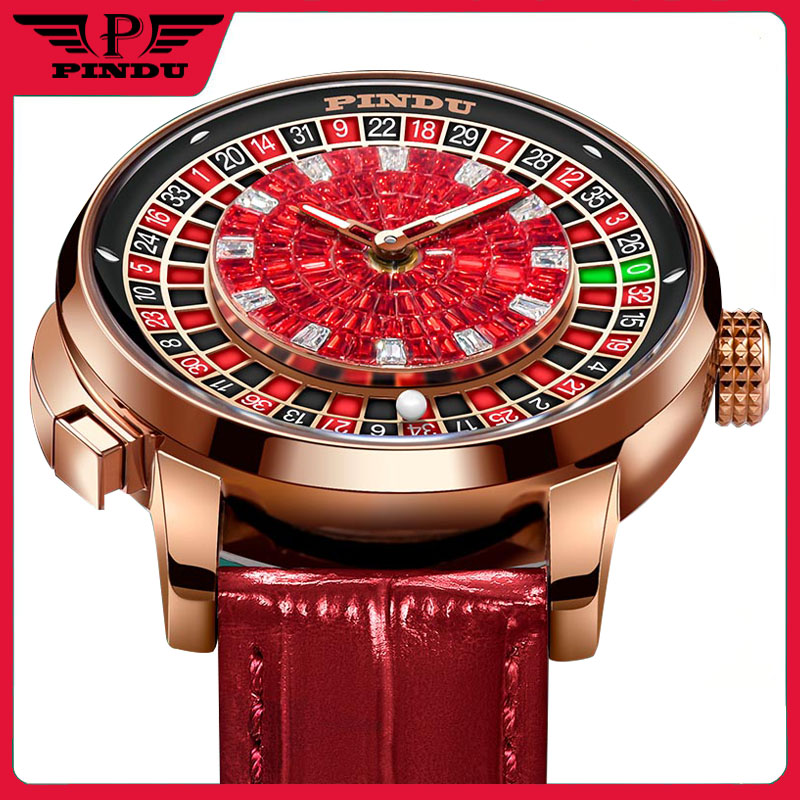 Fashion Business Noble Red PINDU Top Men's Mechanical Watch NH35A Push Button Gambling Table Roulette Game Watch Sapphire Watch