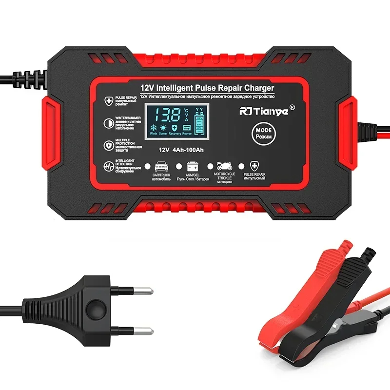 Car Battery Charger 12V 6A Touch Screen Pulse Repair LCD Fast Power Charging Wet Dry Lead Acid Digital LCD Display Red EU plug / United States