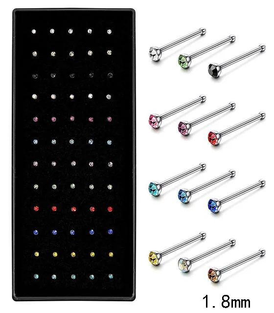 40/60PC Stainless Steel Straight L Nose Stud for Women Nose Ring Set 1.8MM Fashion Crystal Aro Nariz Nase Pircing Body Jewelry multicolor Straight / PC