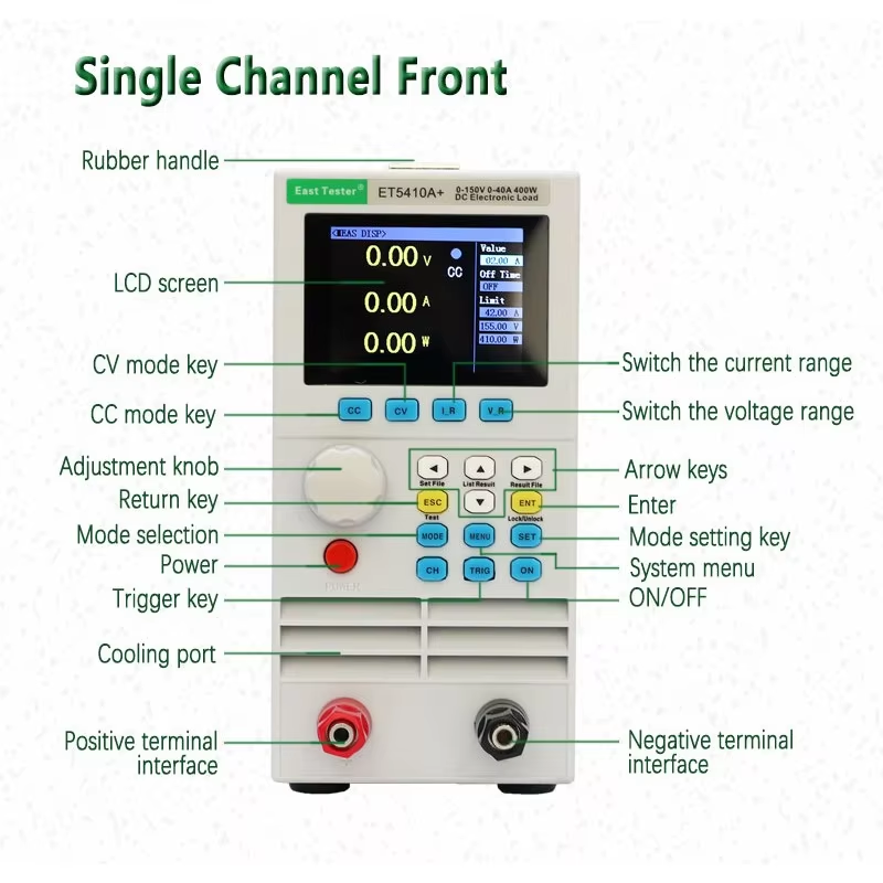 ET5410A Professional DC Electronic Load 0-150V 0-40A 400W 4 Modes (CC/CV/CP/CR) USB/RS485 Control CE/FCC Test Power Supplies, Batteries, High Precision Programmable Charger Battery Capacity Tester Lab Test Equipment Color Display Screen Power Aging Test