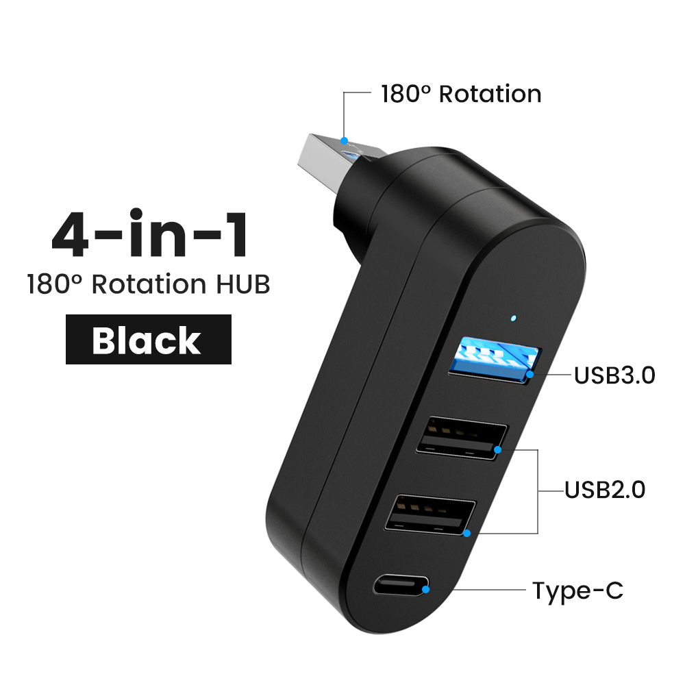 Elough Mini 180° Rotatable 4 Ports USB 3.0 2.0 Hub Type C High Speed Data Transfer U Disk Splitter Adapter For Laptop MacBook PC Black