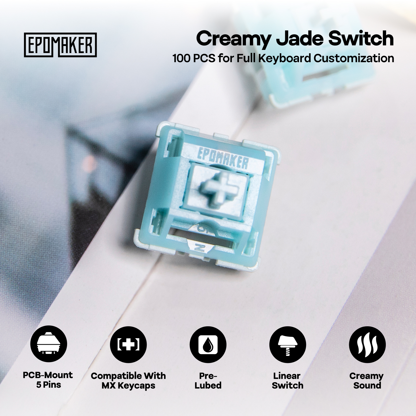100 Pieces EPOMAKER Creamy Jade Linear Switch Set 5-Pin Pre-Lubed Switches with POK Stem Compatible with MX Structure Keycaps