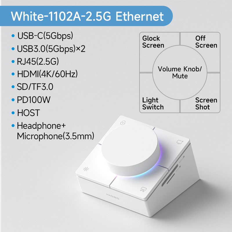 Hagibis Knob USB C Hub With Shortcut Buttons Type-C Docking Station Volume Adjustment Desktop Controller 2.5G RJ45 for Macbook White 2.5G RJ45