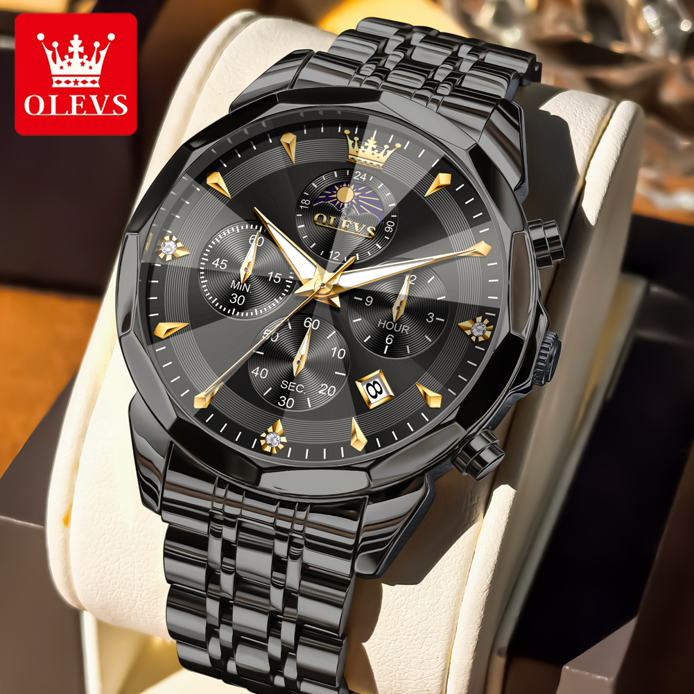 OLEVS 3673 Original Fashion Moon Phase Men's Watches Waterproof Chronograph Quartz Watch Stainless Steel Calendar Wristwatch all black / United States