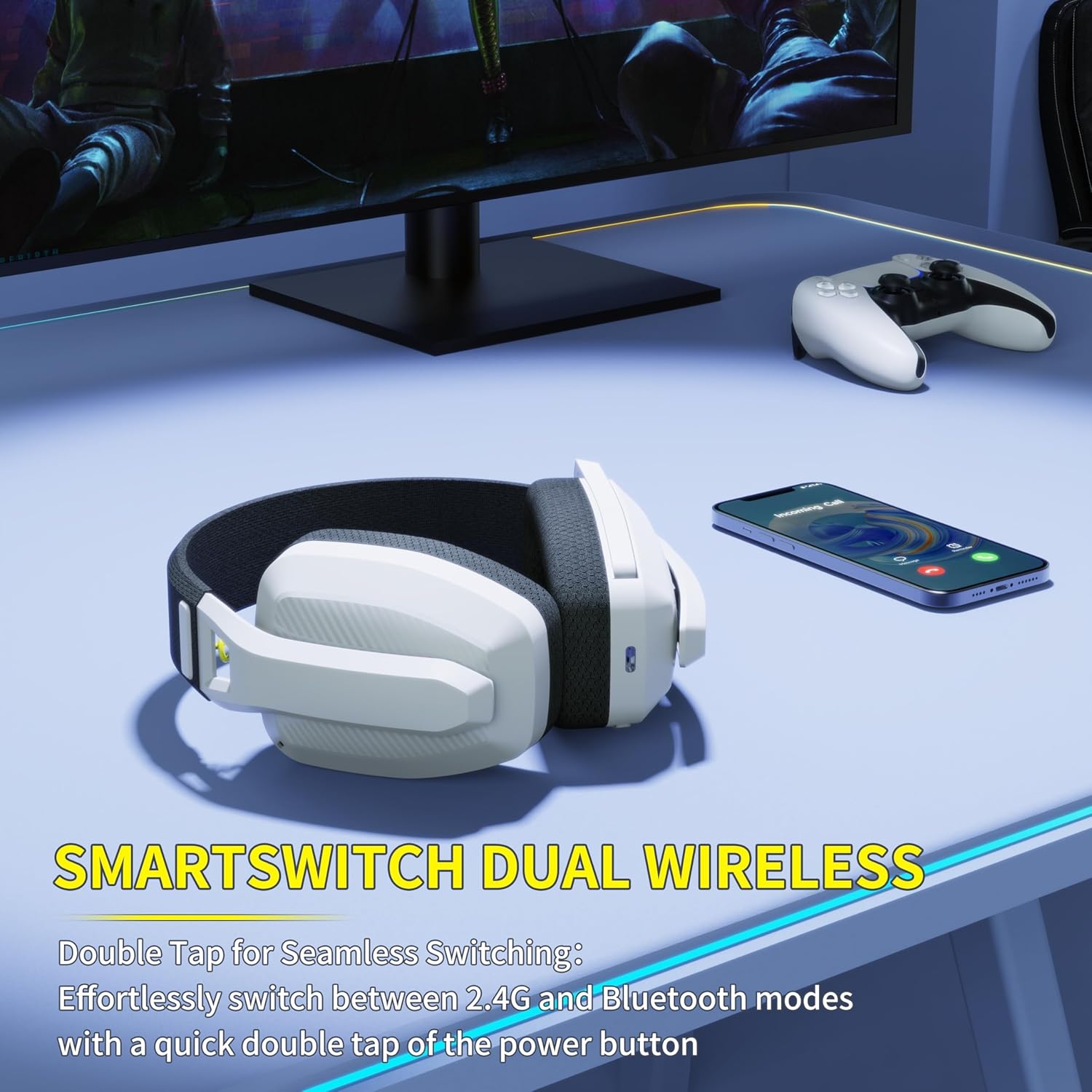 BINNUNE BW06 2.4GHz Wireless Gaming Headset with Mic for PS5 PS4 PC Mac Playstation Bluetooth Gaming Headphone with Microphone