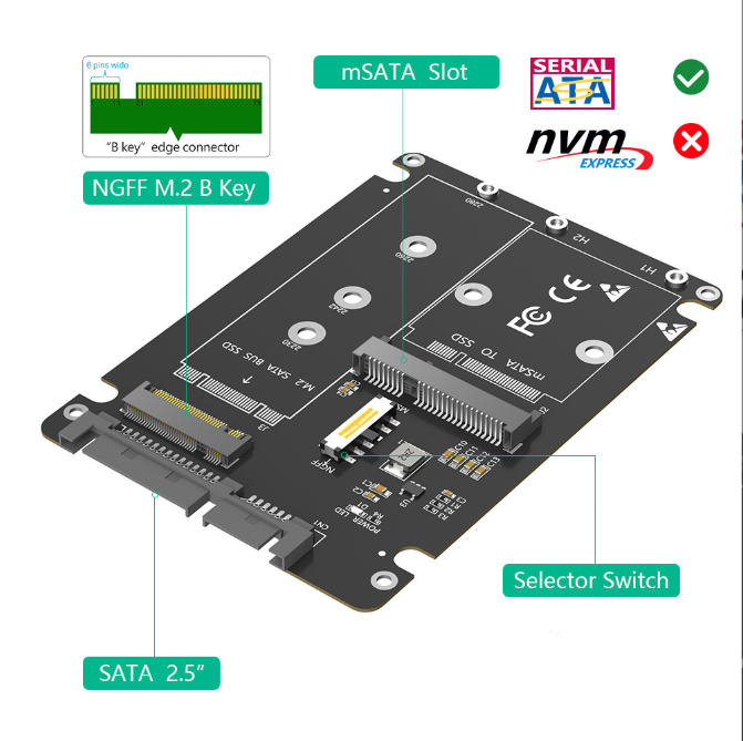 M.2 NGFF & mSATA to SATA  Dual Mode SSD Adapter Card, Built-in Switch for Protocol Switching, External Hard Drive Enclosure C