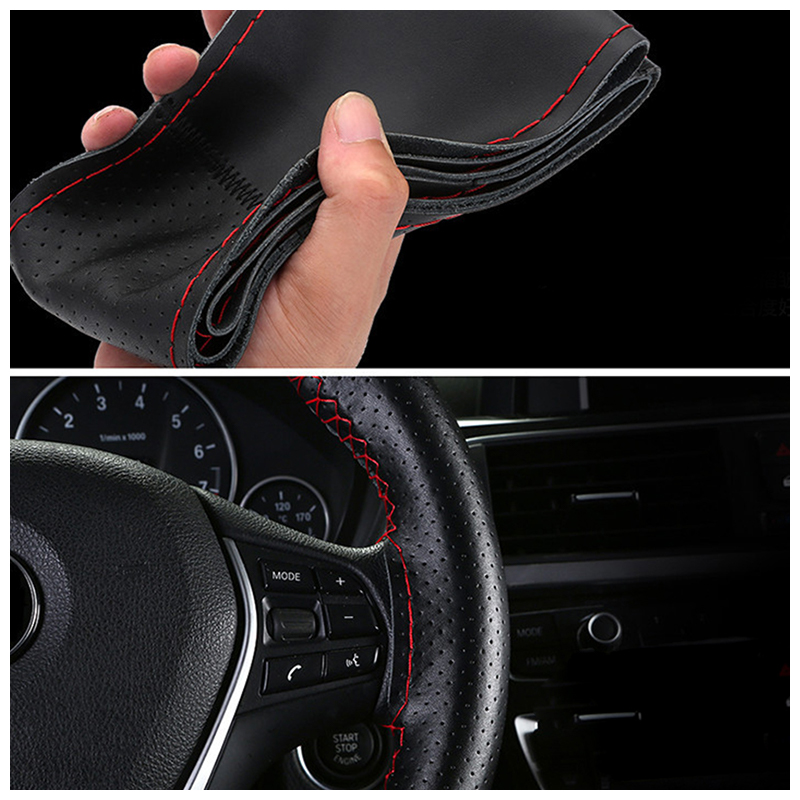 SEAMETAL 100% Genuine Leather Steering Wheel Cover Breathable Wear-Resistant Braid Car Steer Wheel Cover Universal for 37-39cm