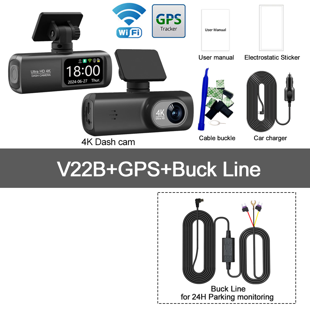 UHD 4K WiFi Dash Cam Dual Lens Driving Recorder Car DVR Optional 1080P Rear Lens Camera GPS 24H Parking Monitoring Black Box V22B GPS BL / None