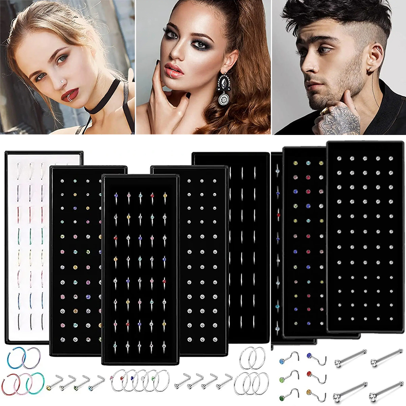 40/60PC Stainless Steel Straight L Nose Stud for Women Nose Ring Set 1.8MM Fashion Crystal Aro Nariz Nase Pircing Body Jewelry