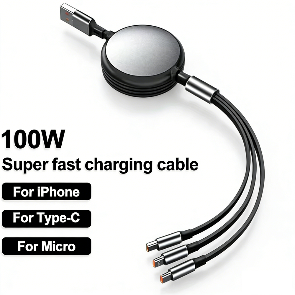 3 in 1 Retractable 100W Fast Charge Data Cable For iPhone 14 USB Type C/Micro For Sumsung Xiaomi 13 Huawei Phone Charge USB Cord