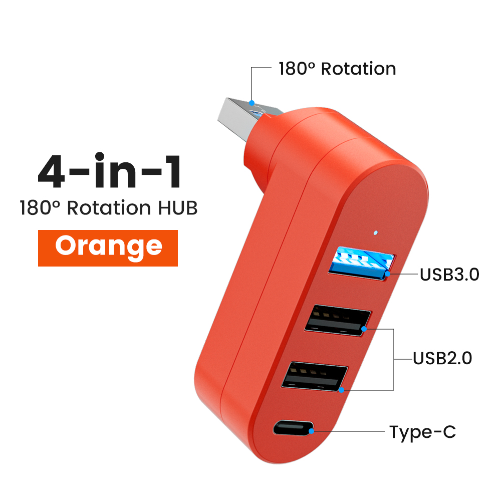 Elough Mini 180° Rotatable 4 Ports USB 3.0 2.0 Hub Type C High Speed Data Transfer U Disk Splitter Adapter For Laptop MacBook PC Orange