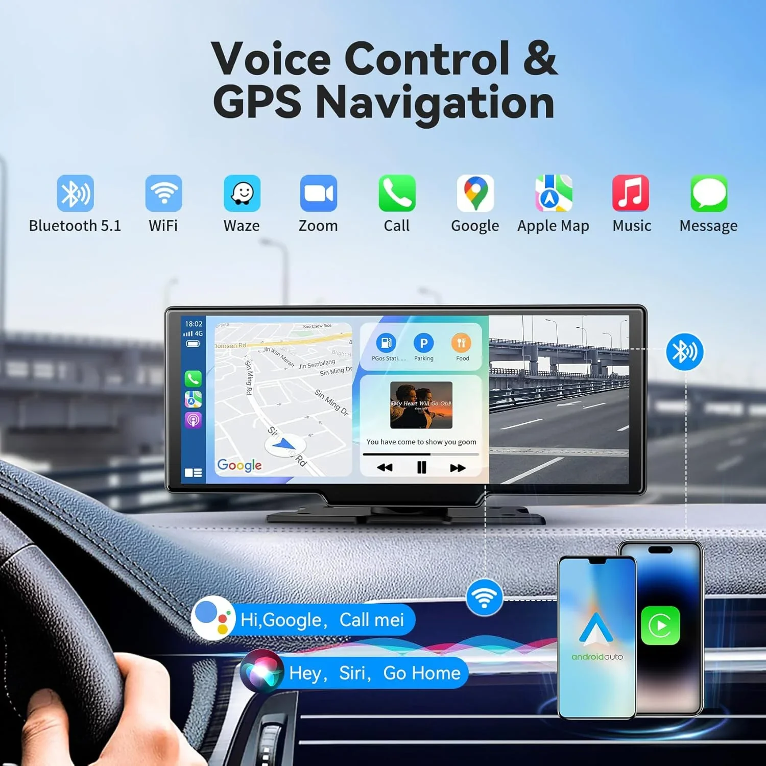 10.26 inch Car Play Screen,Wireless CarPlay & Android Auto Dash Cam Rear Camera Multimedia Stereo,AUX FM Radio,Car Touchscreen