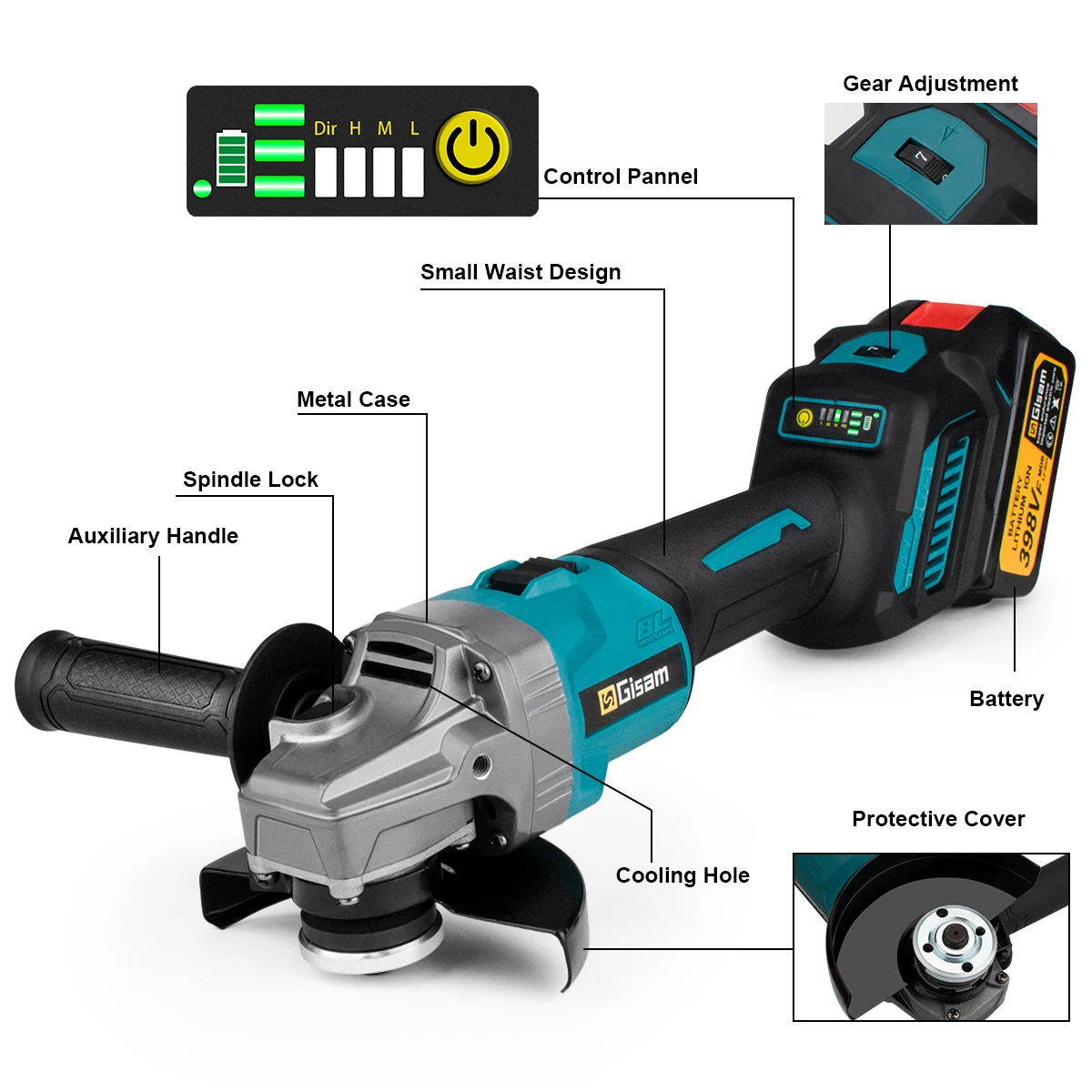 Gisam 125mm M14 Brushless Angle Grinder 7 Gears Cordless Grinding Machine Cutting Woodworking Tools For Makita 18V Battery Pins