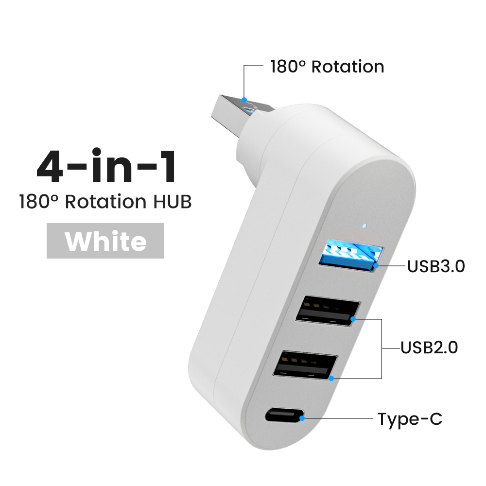 Elough Mini 180° Rotatable 4 Ports USB 3.0 2.0 Hub Type C High Speed Data Transfer U Disk Splitter Adapter For Laptop MacBook PC White