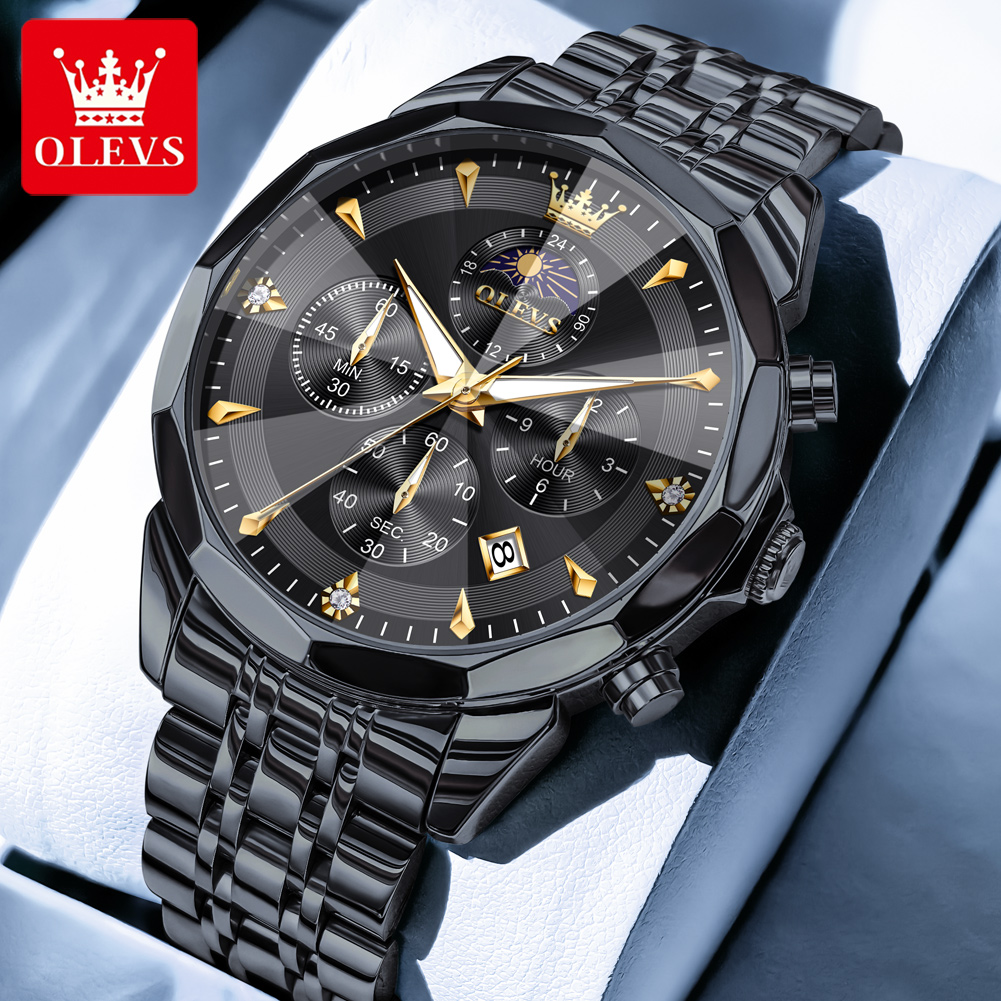 OLEVS 3673 Original Fashion Moon Phase Men's Watches Waterproof Chronograph Quartz Watch Stainless Steel Calendar Wristwatch