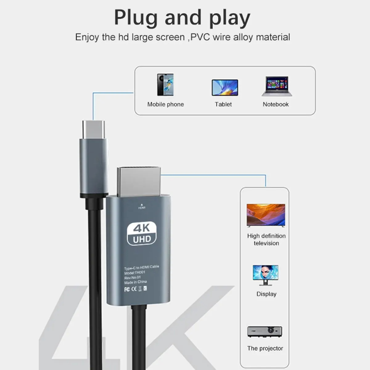 4K HD Video Conversion Cable Typec To Hdtv Same Screen Cable TV Computer 2 Meters Braided Screen Projection Cable