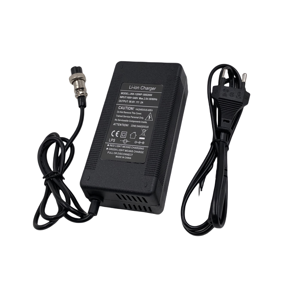 58.8V 2A Charger with GX16-3 Pin DC5.5 XLR Plug, Power Adapter for 52V Li-ion Battery Input 100-240V