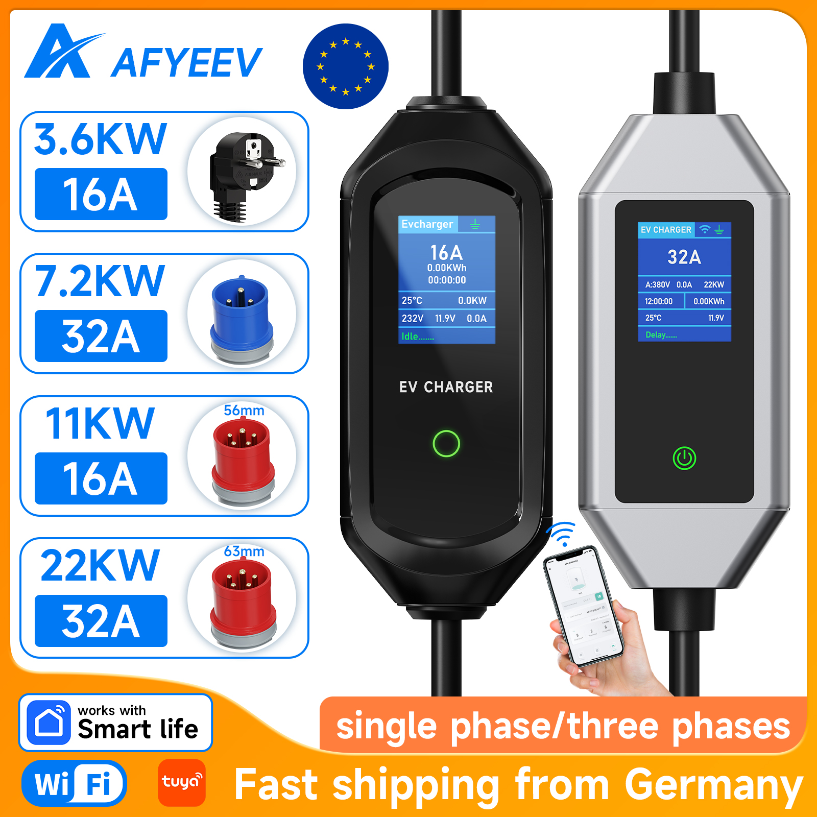 AFYEEV 16A/32A Type 2 EV Charger Portable Type2 IEC62196-2 Electric Car Charger WIFI APP Bluetooth Control 3.6KW/7.2KW/11KW/22KW