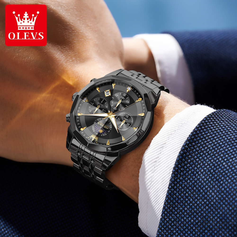 OLEVS 3673 Original Fashion Moon Phase Men's Watches Waterproof Chronograph Quartz Watch Stainless Steel Calendar Wristwatch