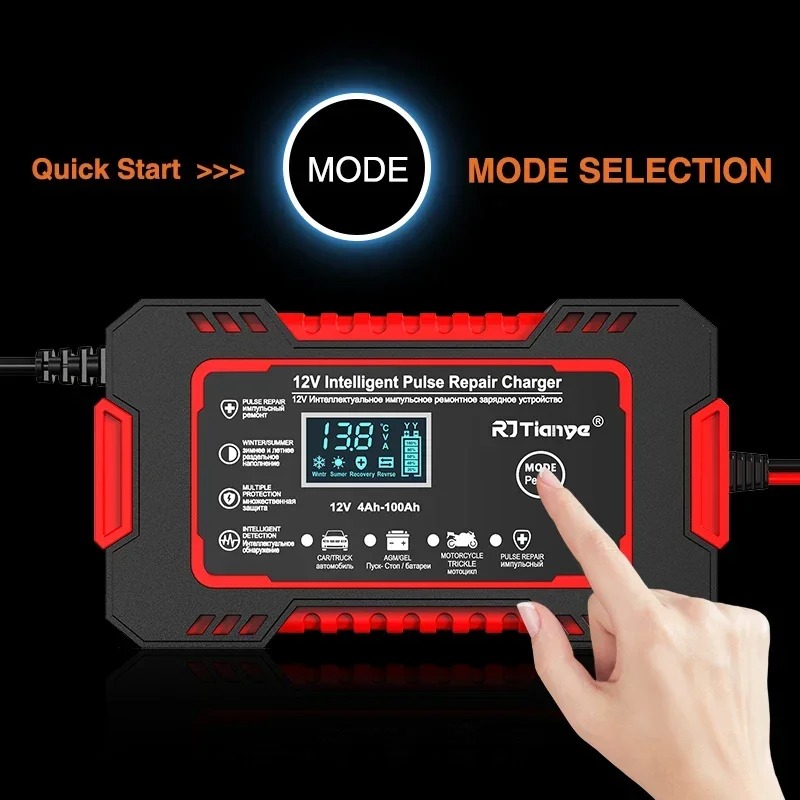 Car Battery Charger 12V 6A Touch Screen Pulse Repair LCD Fast Power Charging Wet Dry Lead Acid Digital LCD Display