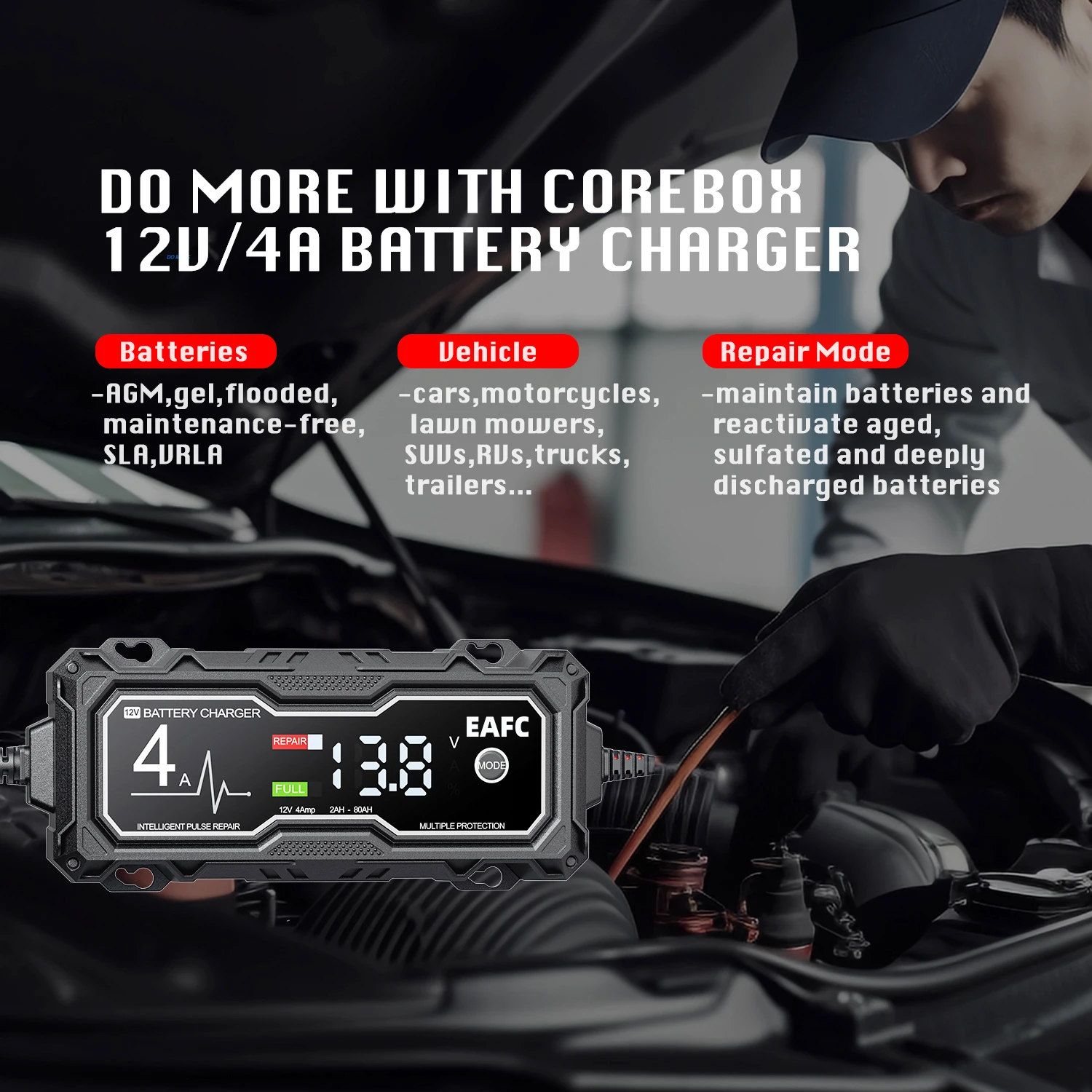 12V 4A Smart Car Battery Charger for Car Automatic Float Charger Motorcycle Lawn Mower Tractor Lead-acid AGM GEL Toy Battery