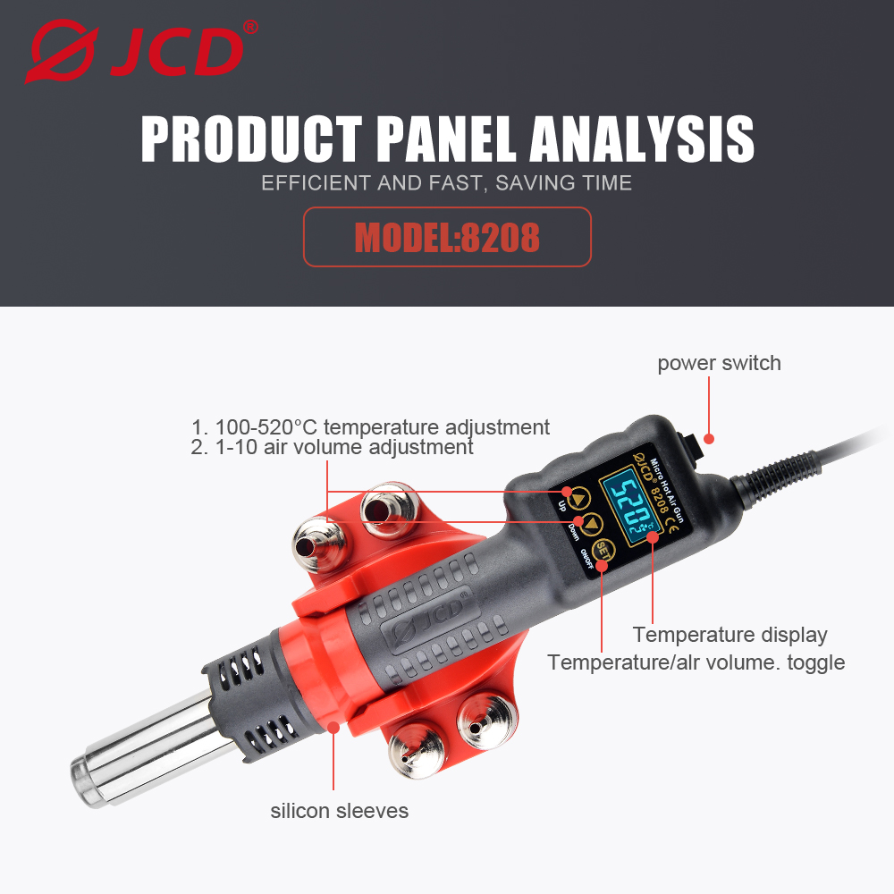JCD 750W Micro Heat Gun Rework Soldering Air Station LCD Digital Hair Dryer 220V 110V For BGA SMD Hot Air Soldering Tools 8208