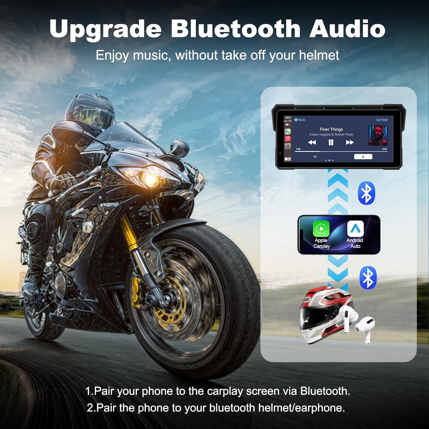 Srnubi 8.1 inch Motorcycle Screen Wireless Carplay Android Auto Supports IP67 Waterproof Head Unit for Motorcycle Accessories