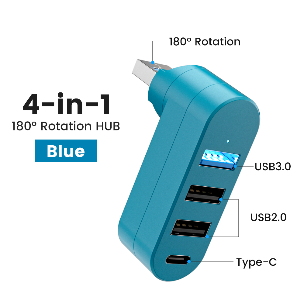 Elough Mini 180° Rotatable 4 Ports USB 3.0 2.0 Hub Type C High Speed Data Transfer U Disk Splitter Adapter For Laptop MacBook PC Blue