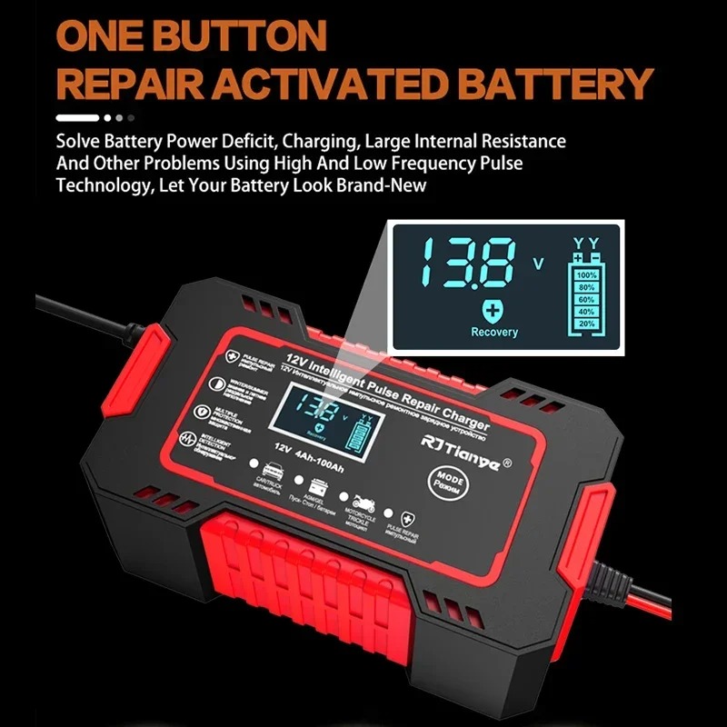 Car Battery Charger 12V 6A Touch Screen Pulse Repair LCD Fast Power Charging Wet Dry Lead Acid Digital LCD Display