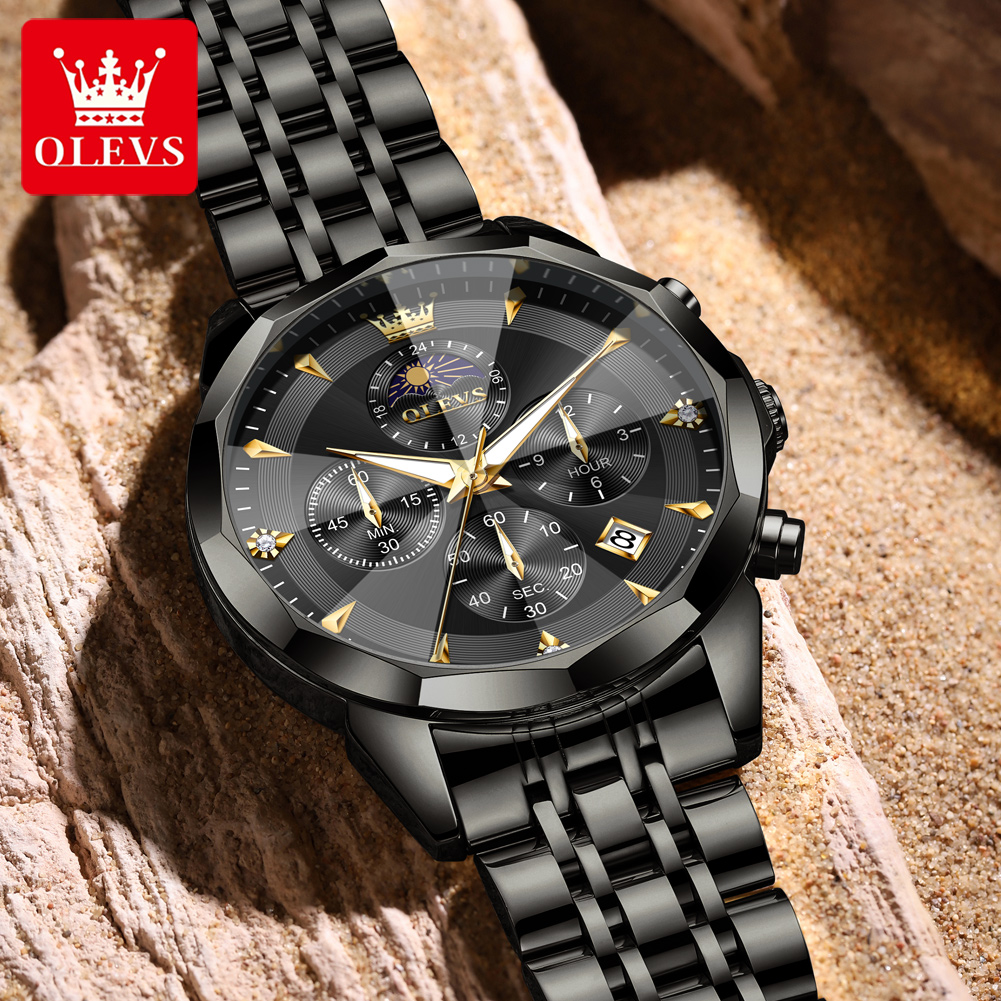 OLEVS 3673 Original Fashion Moon Phase Men's Watches Waterproof Chronograph Quartz Watch Stainless Steel Calendar Wristwatch